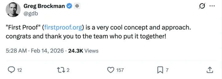 그렉 브록만이 First Proof를 칭찬한 트윗