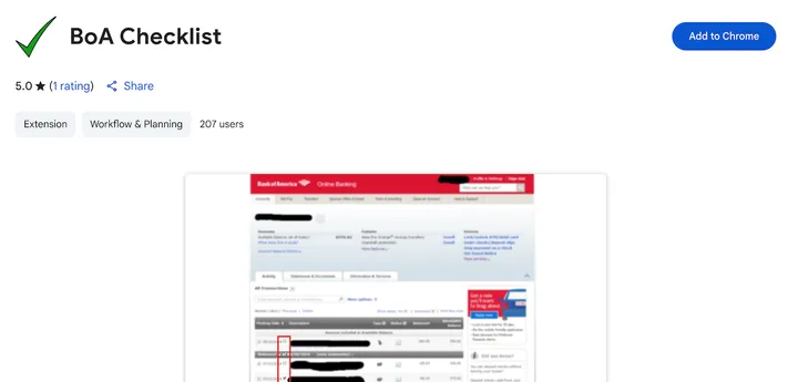 Bank of America 거래 항목 옆에 체크박스를 추가한 브라우저 확장 프로그램
