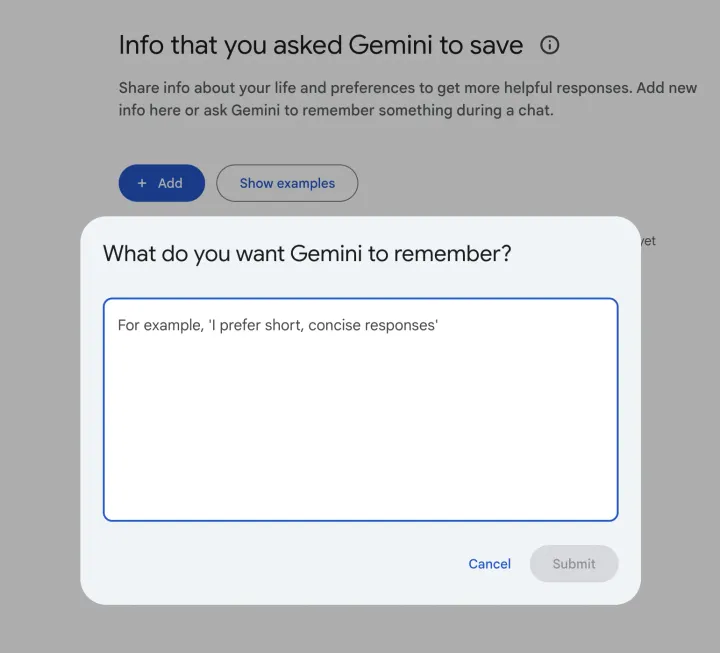 모델이 사용자의 선호를 '기억'하게 하는 Gemini 설정 화면