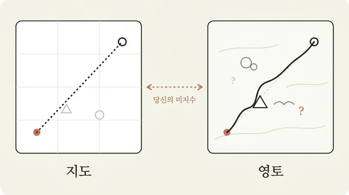 지도와 영토를 나란히 비교한 다이어그램. 왼쪽 '지도'는 격자 위 직선 경로, 오른쪽 '영토'는 장애물을 굽이굽이 피해 가는 실제 경로이며, 그 사이 간극이 '당신의 미지수'로 표시되어 있다