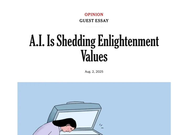 뉴욕타임스 칼럼 「A.I. Is Shedding Enlightenment Values」의 제목 화면