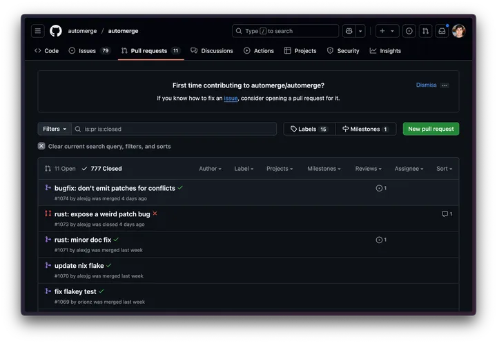 GitHub 오픈 소스 프로젝트의 풀 리퀘스트 목록