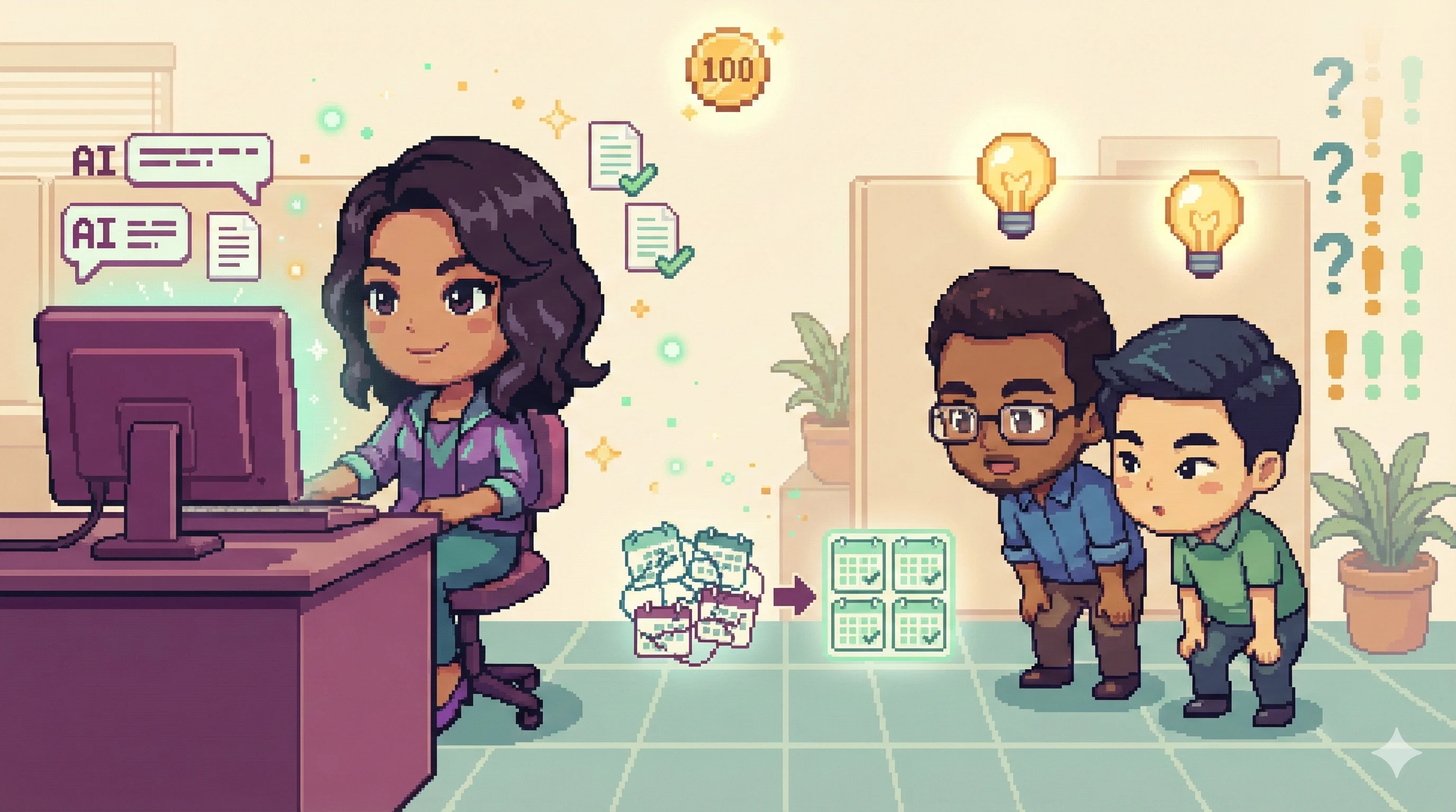 16비트 픽셀 아트: AI 챔피언이 동료들에게 지식을 전파하는 장면. 동료들 머리 위에 전구가 떠오르며 협업적 학습 순간을 표현