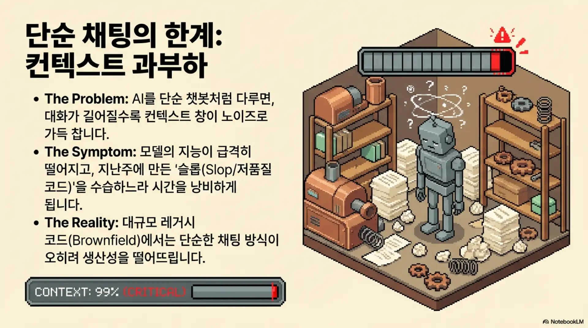 슬라이드 2: 단순 채팅의 한계 - 컨텍스트 과부하 문제