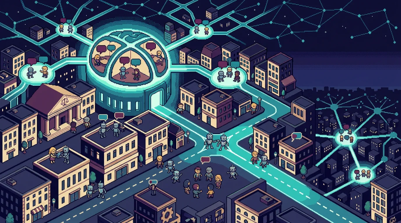 16비트 픽셀아트 스타일의 도시 풍경. 뇌 모양의 중앙 허브에서 뻗어나가는 네트워크 경로를 따라 인간과 로봇 캐릭터들이 소규모 그룹으로 협업하고 있다.
