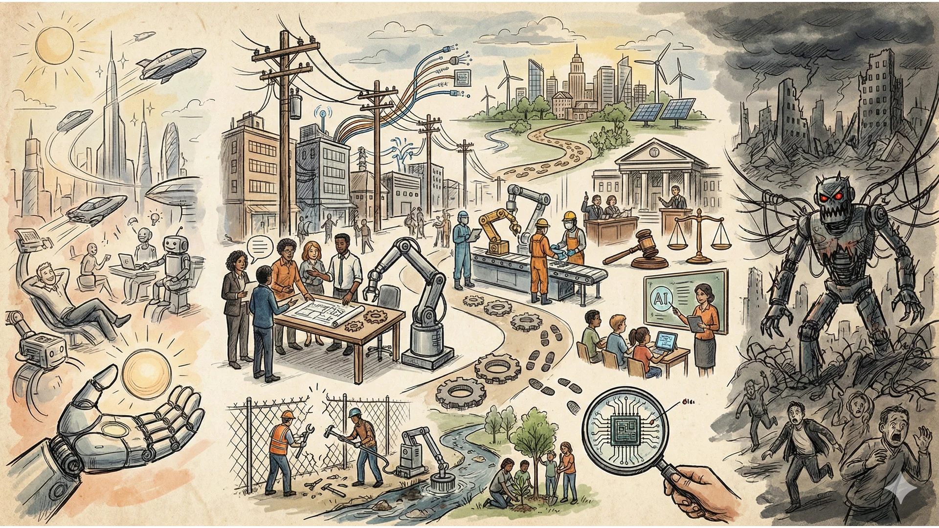 AI를 보통의 기술로 바라보는 관점 - 일상 속 기술로서의 AI(왼쪽)와 디스토피아적 공포(오른쪽)를 대비하는 일러스트레이션