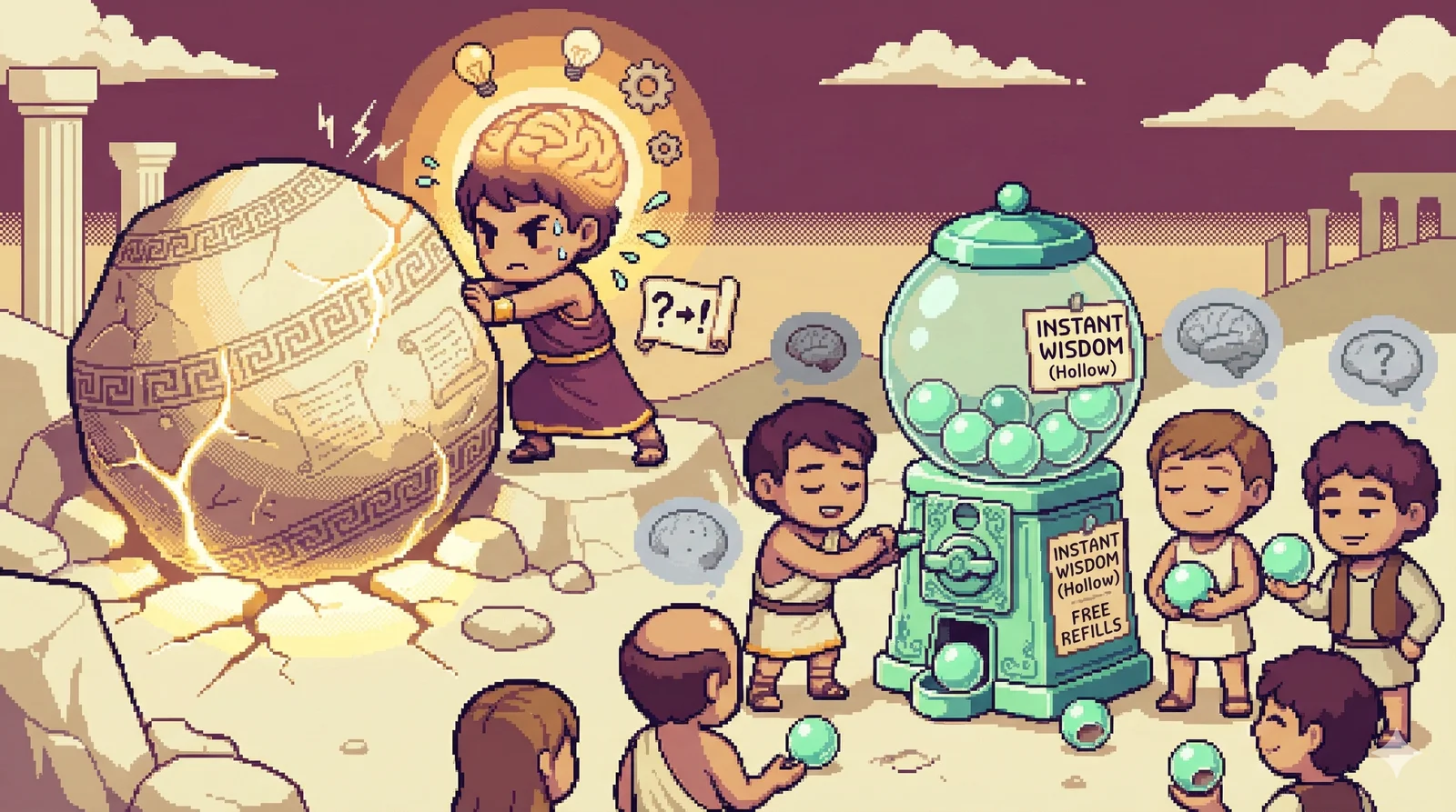 생각의 고군분투와 AI의 손쉬운 결과물 사이의 대비를 보여주는 픽셀 아트 일러스트레이션