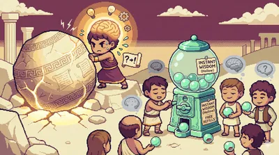 생각의 고군분투와 AI의 손쉬운 결과물 사이의 대비를 보여주는 픽셀 아트 일러스트레이션