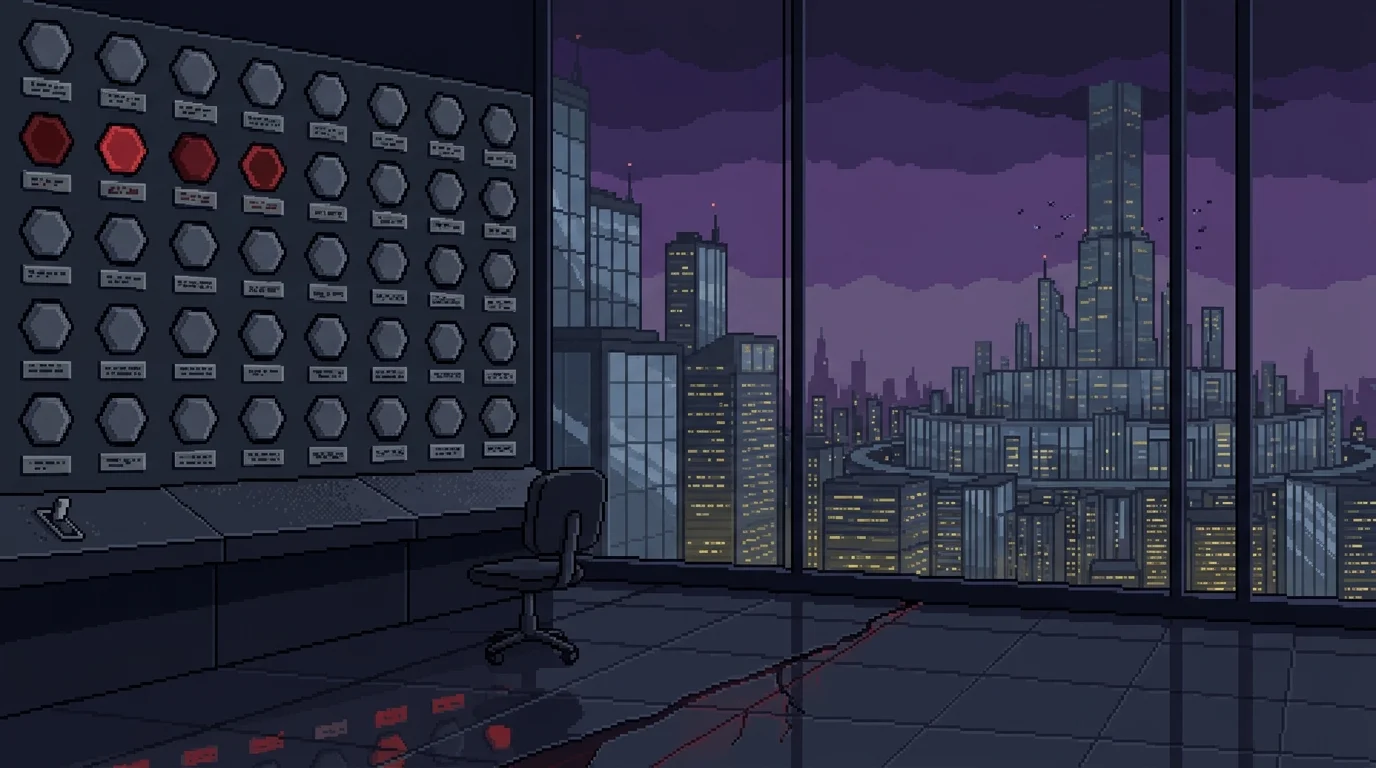 16비트 픽셀 아트로 그린 어두운 관제실. 왼쪽 벽면의 경고등 대부분이 꺼져 있고, 창밖으로 거대한 기업 타워들이 폭풍 하늘 아래 펼쳐진다.