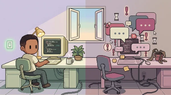 차분한 코딩 환경과 혼란스러운 채팅 에이전트 인터페이스를 대비시킨 16비트 픽셀 아트