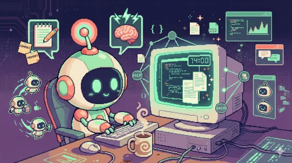 AI 로봇이 자율적으로 워크스테이션에서 작업하는 16비트 픽셀 아트