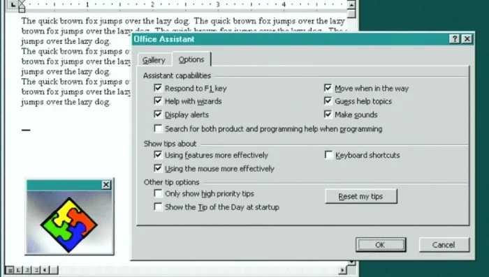 활성화/비활성화할 수 있는 다양한 옵션이 있는 어시스턴트 설정 화면