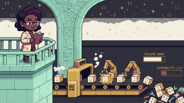 16비트 픽셀 아트: 엔지니어가 발코니에서 컨베이어 벨트와 로봇 팔이 쏟아내는 상자들을 감독하고 있다. 볼륨은 높고 내구성은 낮음.