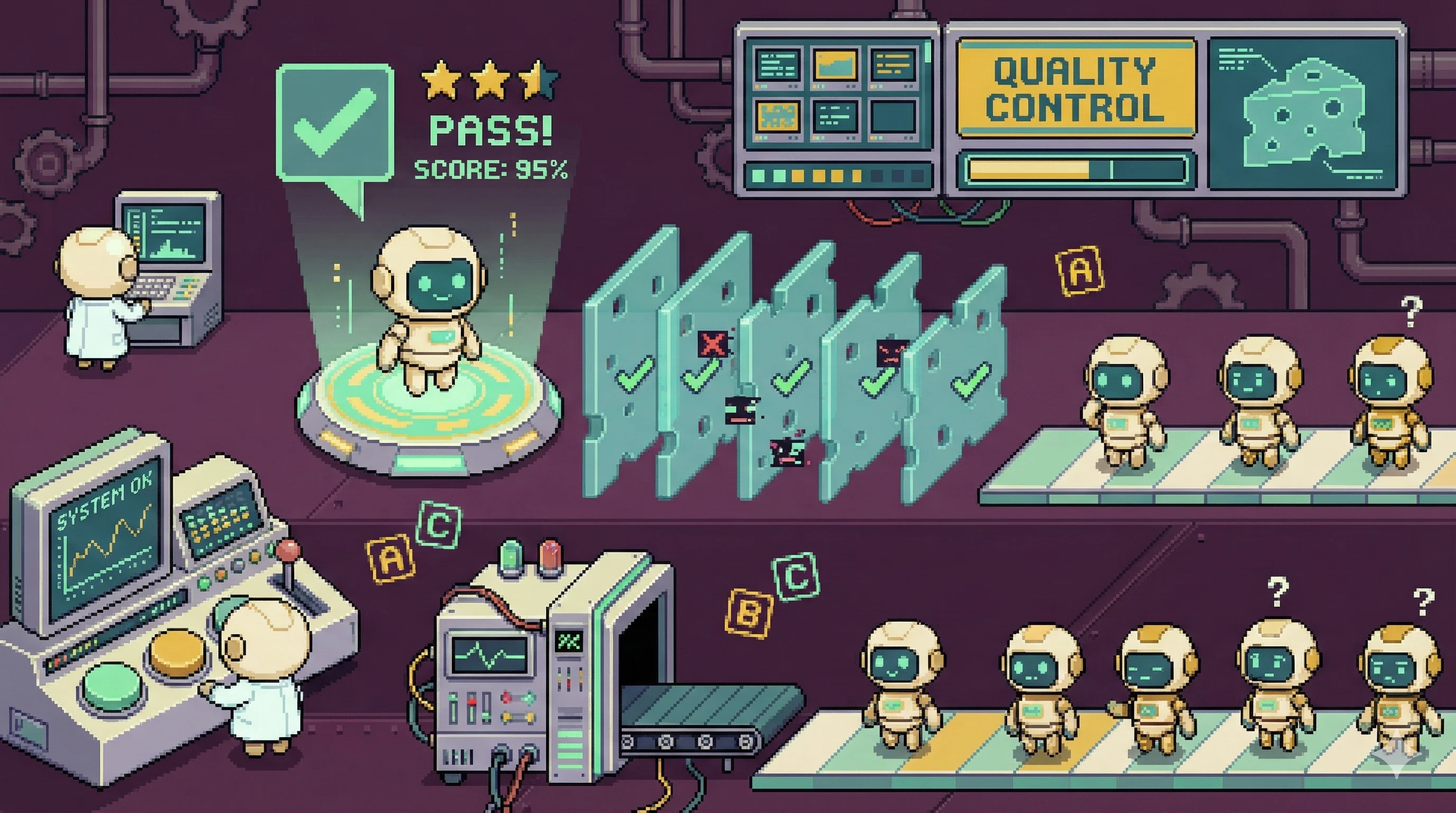 16비트 픽셀 아트 스타일의 AI 에이전트 평가 품질 관리 시설