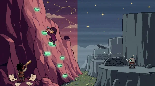 16비트 픽셀아트 — 절벽에 발판을 만드는 등반가와 낮은 벽을 뛰어넘는 로봇