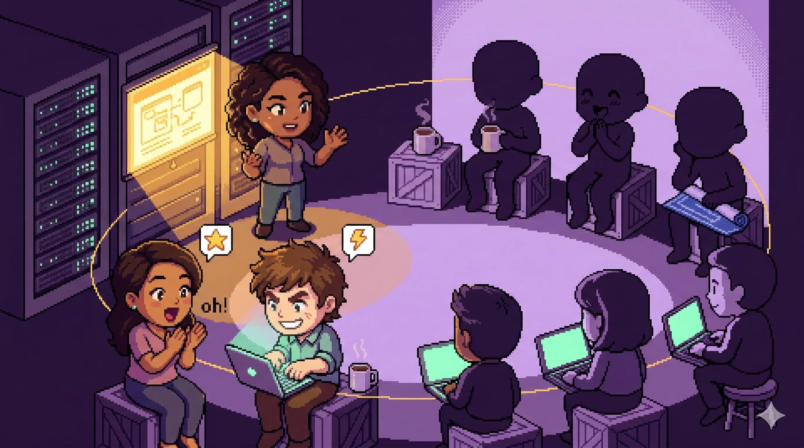 Demo Friday 장면 — 픽셀 아트로 표현한 Oxide 엔지니어들의 발표 모습