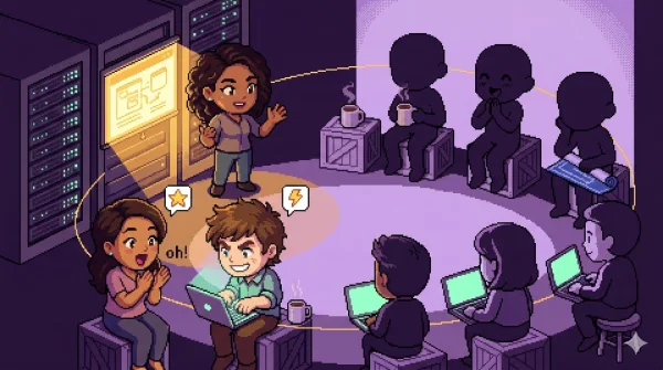 Demo Friday 장면 — 픽셀 아트로 표현한 Oxide 엔지니어들의 발표 모습