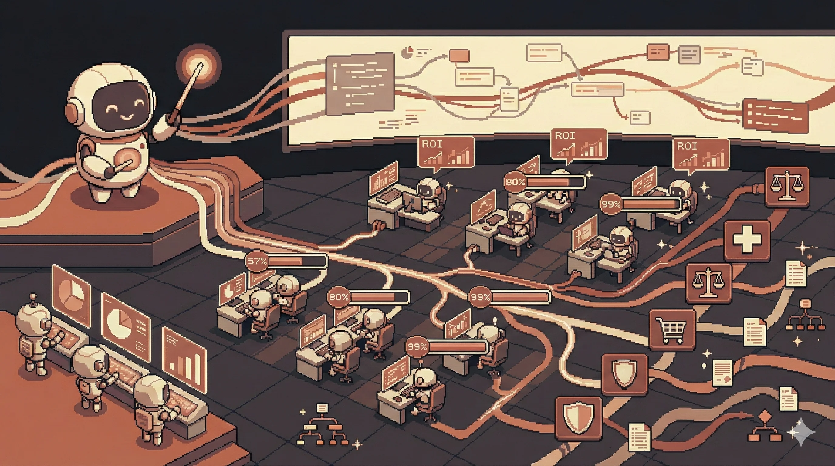 16비트 픽셀 아트 스타일의 기업 AI 에이전트 지휘 센터 - 귀여운 로봇 지휘자가 여러 부서의 AI 에이전트들을 오케스트라처럼 조율하며 ROI 지표와 워크플로우 다이어그램이 떠다니는 모습