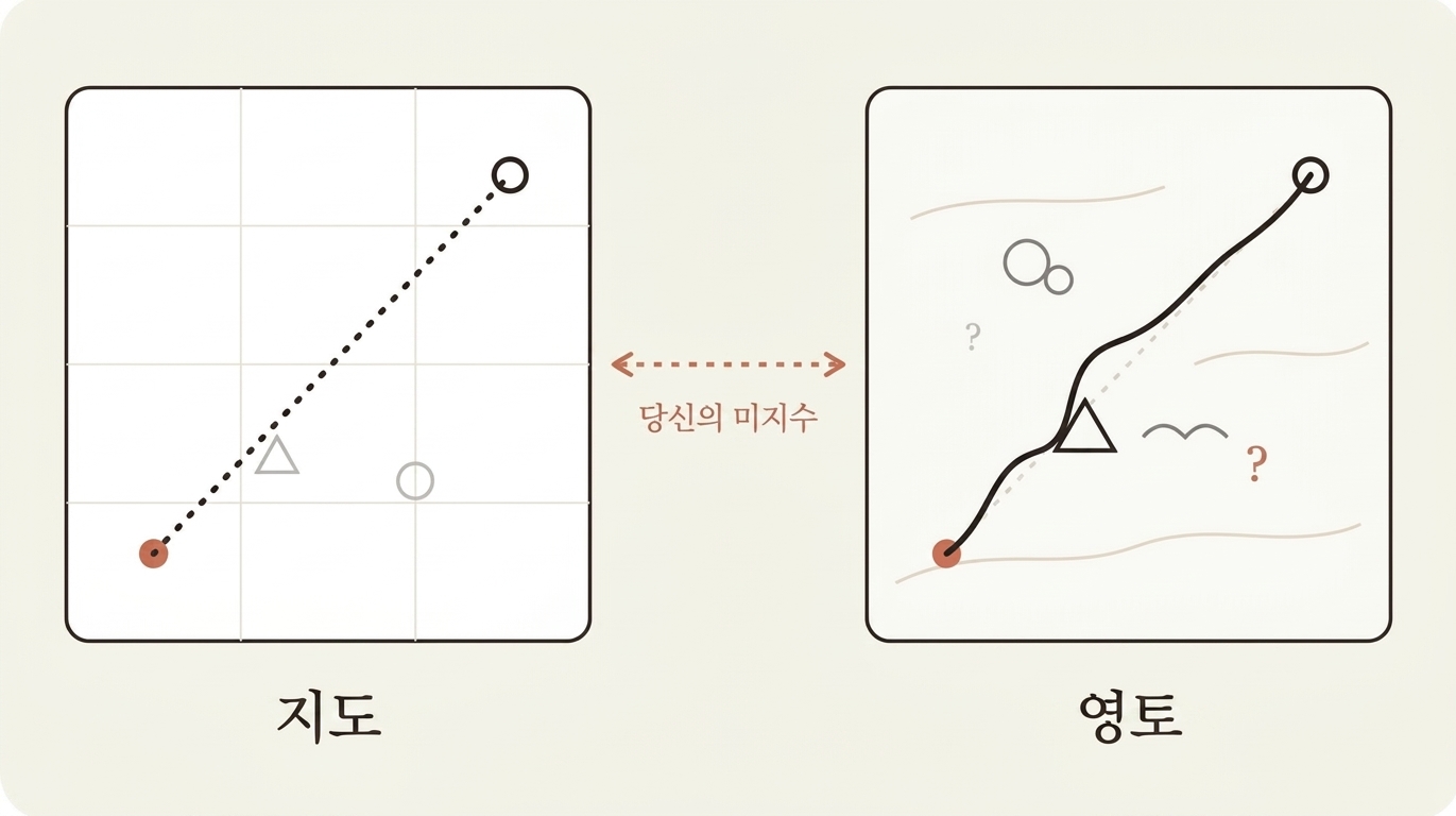 지도와 영토를 나란히 비교한 다이어그램. 왼쪽 '지도'는 격자 위 직선 경로, 오른쪽 '영토'는 장애물을 굽이굽이 피해 가는 실제 경로이며, 그 사이 간극이 '당신의 미지수'로 표시되어 있다