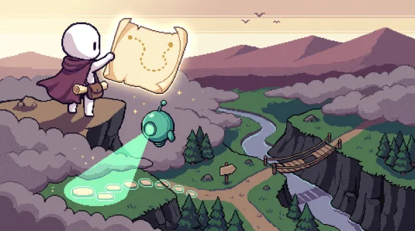 16-bit pixel art of a chibi explorer holding a glowing map above a foggy valley