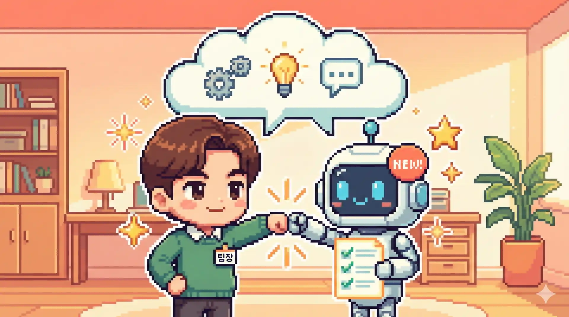 팀장과 AI 로봇의 협업을 보여주는 픽셀 아트