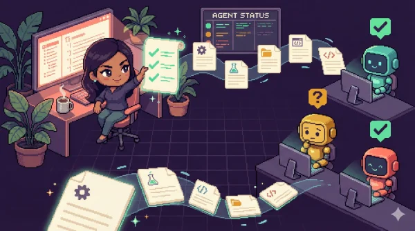 16비트 픽셀아트 커맨드 센터: 개발자가 구조화된 스펙 문서로 AI 에이전트들을 조율하는 장면