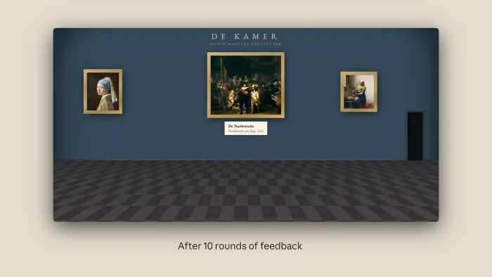 10번째 반복에서 생성된 3D CSS 네덜란드 미술관 공간 — 체크무늬 바닥과 문을 통한 내비게이션