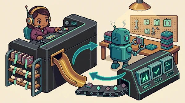 16-bit pixel art of a chibi engineer at a control console steering a robot worker