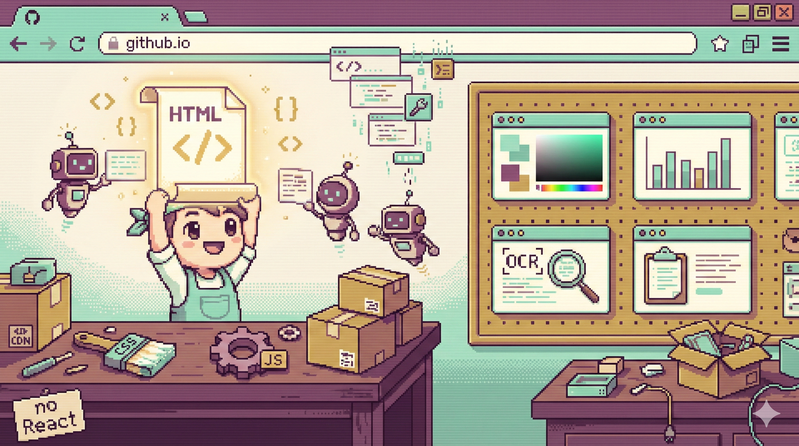 16비트 픽셀아트 스타일의 일러스트: 브라우저 테마 작업실에서 귀여운 개발자가 빛나는 HTML 문서를 들고 있고, 로봇 조수들이 코드 조각을 건네주며, 벽에는 완성된 미니 도구들이 전시되어 있다
