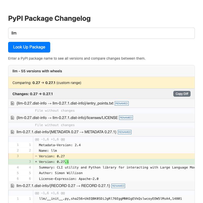 pypi-changelog 도구 스크린샷