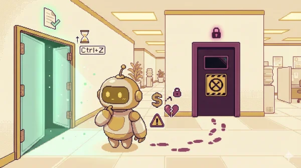 로봇이 양방향 문과 일방향 문 사이에서 결정을 고민하는 16비트 픽셀 아트