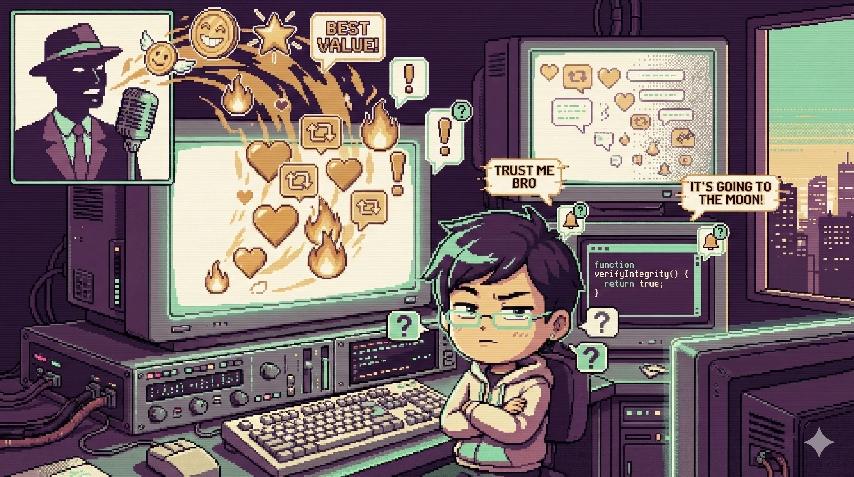 16비트 픽셀아트 스타일로 그린 테크 인플루언서 풍자 이미지