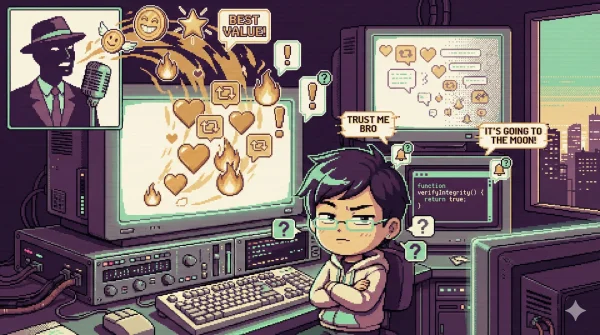 16비트 픽셀아트 스타일로 그린 테크 인플루언서 풍자 이미지