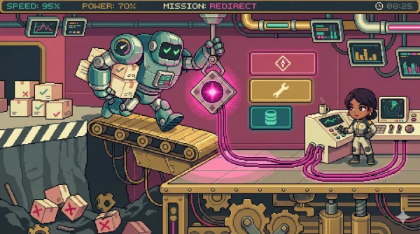 16비트 픽셀아트: 컨베이어 벨트 위 로봇이 절벽을 향해 돌진하는 가운데, 제어 콘솔의 오퍼레이터가 나침반 장치를 설치하여 방향을 전환하는 장면