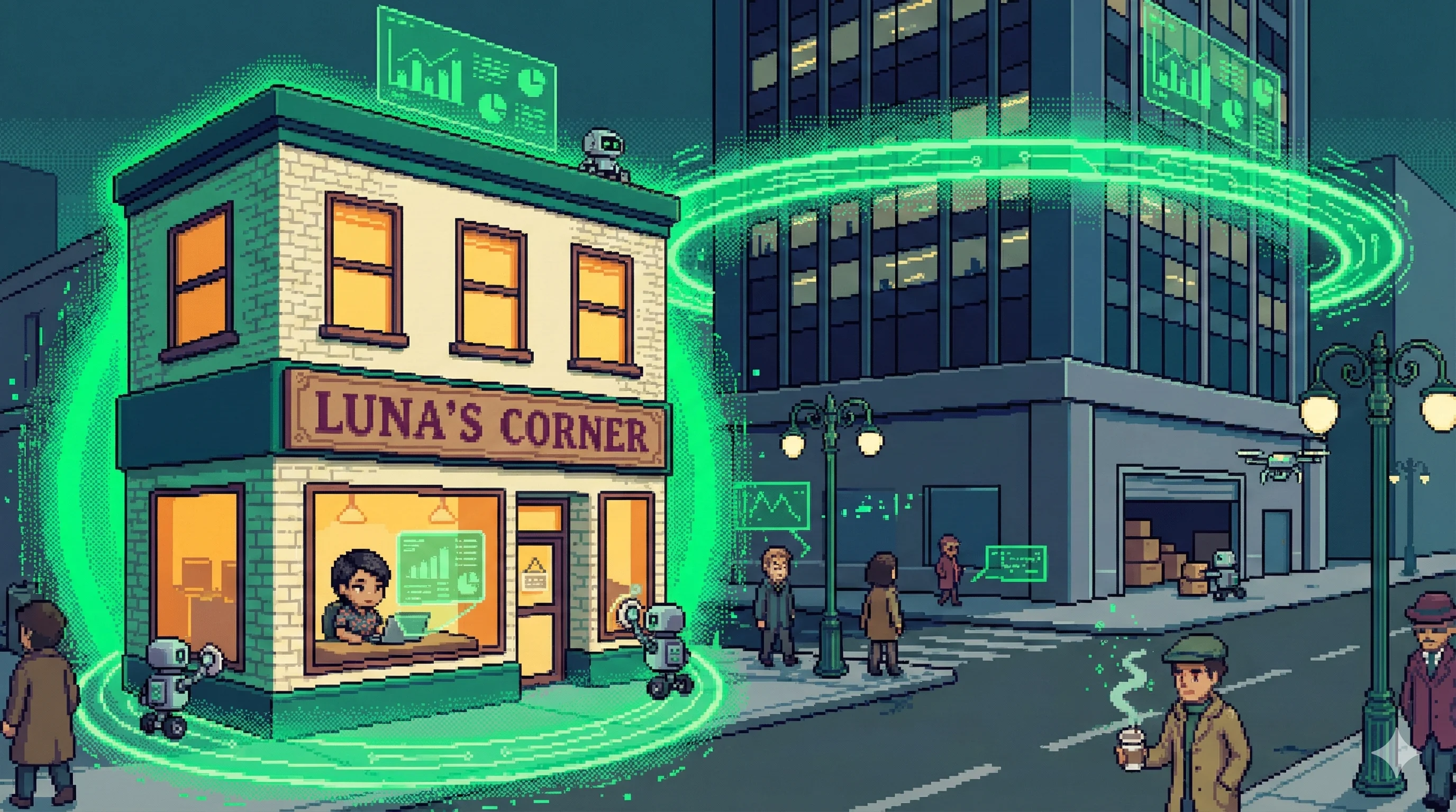 16비트 픽셀 아트: 소규모 상점과 거대 기업 빌딩 모두 동일한 녹색 AI 파워 글로우를 방출하는 도시 풍경