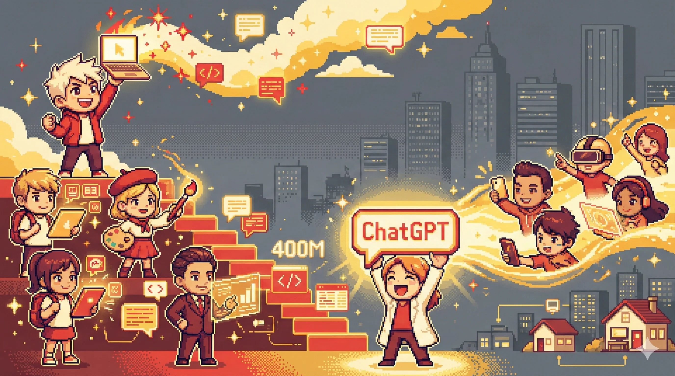 AI 도구를 들고 일어서는 개인들과 배경의 희미해지는 기업 건물들을 보여주는 픽셀 아트