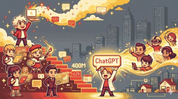 AI 도구를 들고 일어서는 개인들과 배경의 희미해지는 기업 건물들을 보여주는 픽셀 아트