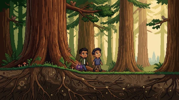 16비트 픽셀아트 — 거대한 레드우드 숲을 걷는 두 친구