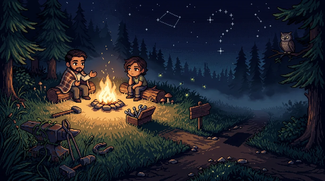 16비트 픽셀아트 야간 캠프파이어 장면 — 두 캐릭터가 모닥불 옆 통나무에 앉아 대화하고, 주변에는 버려진 연장과 갈림길이 어둠 속으로 사라진다