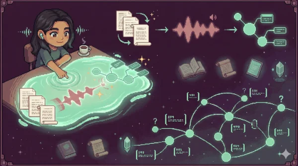 16-bit pixel art of a learner interacting with an adaptive surface that morphs information between text, audio, and visual formats