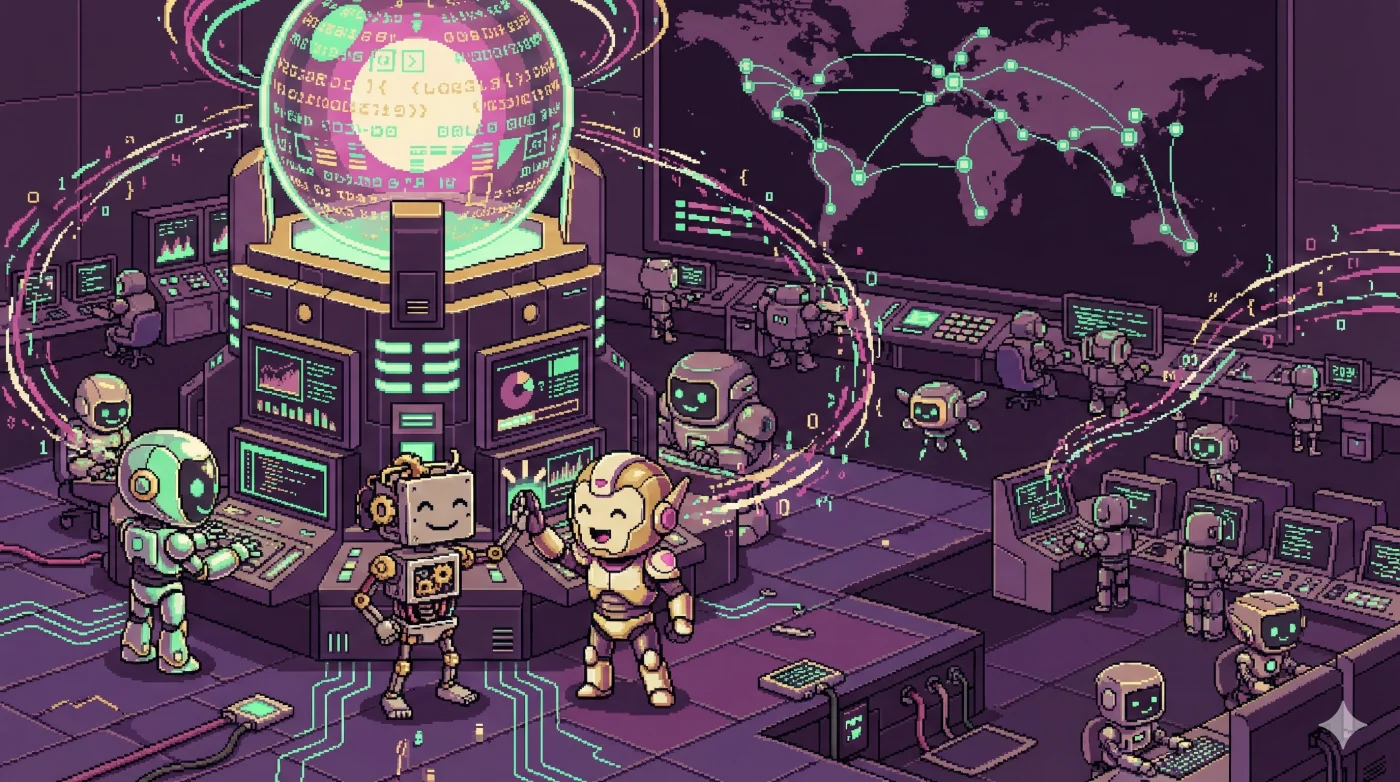 픽셀아트 스타일의 AI 연구 사령부. 여러 로봇들이 모니터와 지구 홀로그램 앞에서 데이터를 분석하고 있다.