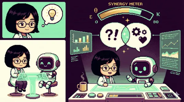 과학자와 로봇의 협업을 보여주는 픽셀 아트