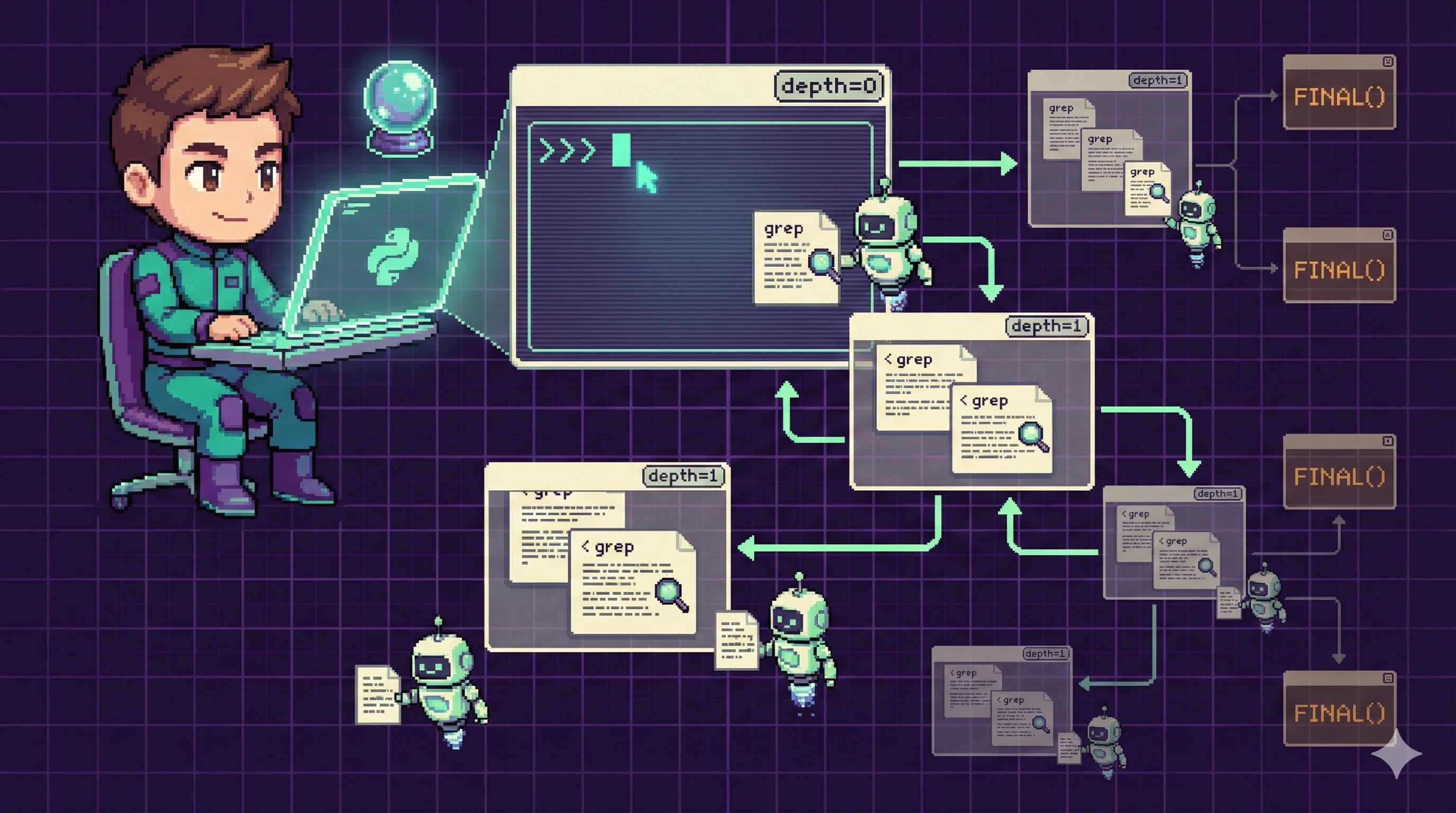 16비트 픽셀 아트 스타일의 재귀적 문서 처리를 조율하는 개발자와 분기하는 중첩 창들