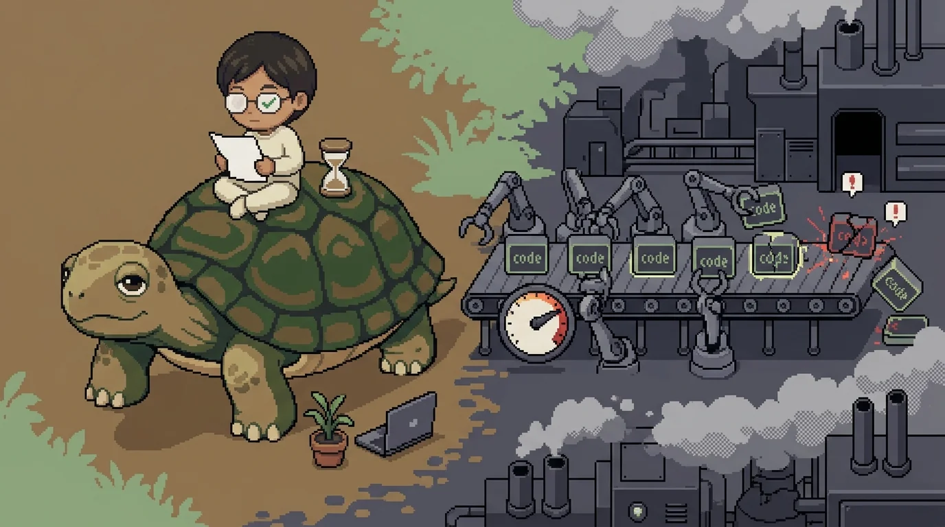 16비트 픽셀아트: 거대한 거북이 위에 앉아 차분하게 문서를 읽는 개발자, 옆에서는 로봇 팔들이 코드 블록을 미친 듯이 찍어내는 공장