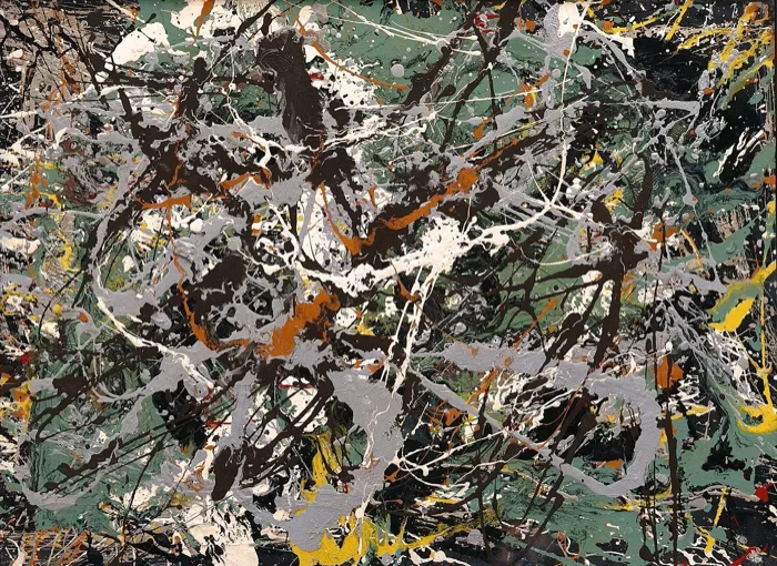 잭슨 폴록의 드립 페인팅 〈Untitled (Green Silver)〉. 검은 바탕 위로 은색과 초록색 물감이 얽히듯 흩뿌려져 있어요.