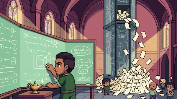 거대한 칠판에 정의를 손글씨로 적는 치비 수학자, 그 뒤 유리 탑에서 자동 생성된 증명 종이가 무더기로 쏟아져 내리는 장면