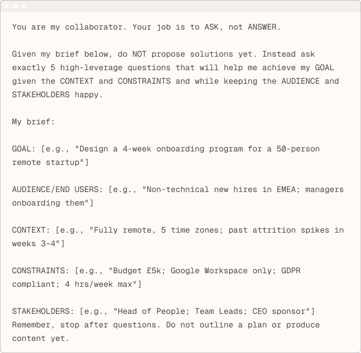 Think First 프롬프트 예시: AI에게 질문하게 하기