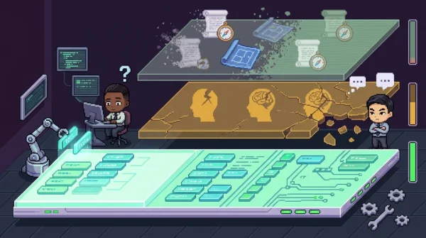 세 개의 층위가 쌓인 레트로 전략 게임 컨트롤룸