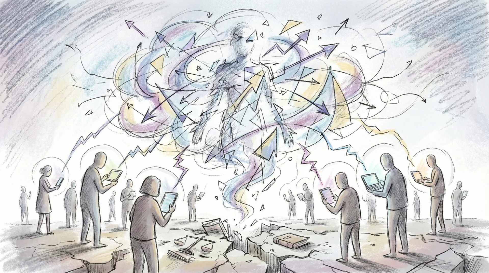 디지털 벡터와 화살표로 둘러싸인 인물 주위에서 스마트폰을 보고 있는 사람들의 일러스트레이션, 알고리즘적으로 조작된 정보 흐름과 주의력 통제를 상징