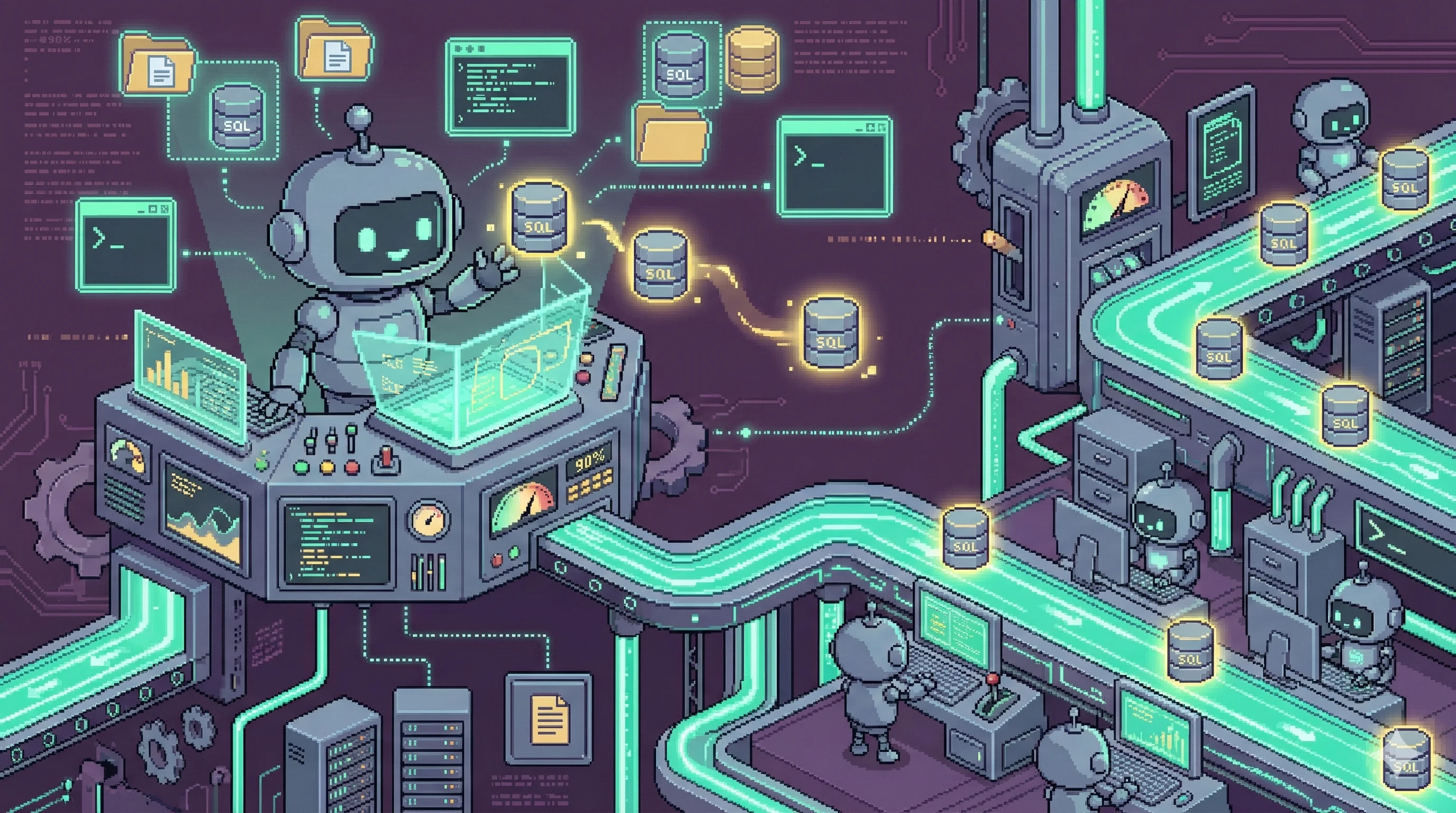 로봇이 인프라를 관리하는 16비트 픽셀아트, 컨트롤 센터의 AI 에이전트